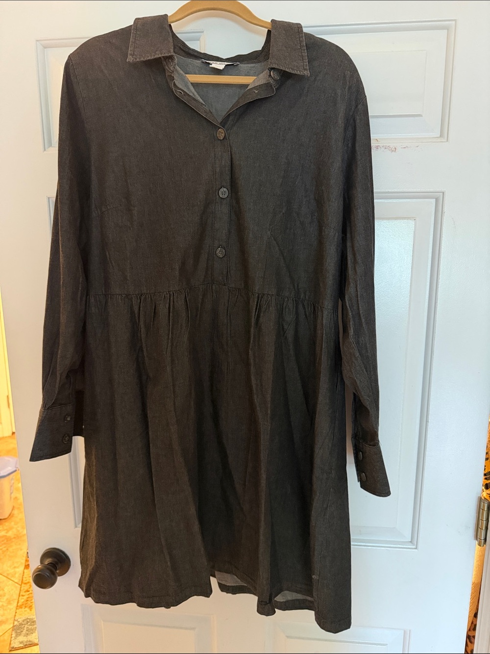 Nine West Charcoal Gray Button-Front Long Sleeve Cotton Dress